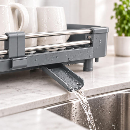 Extendable Dish Drainer with Glass Holder and Cutlery Basket, Grey, 37 to 52 cm