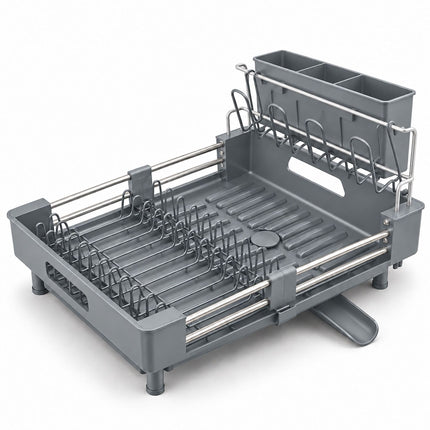 Extendable Dish Drainer with Glass Holder and Cutlery Basket, Grey, 37 to 52 cm