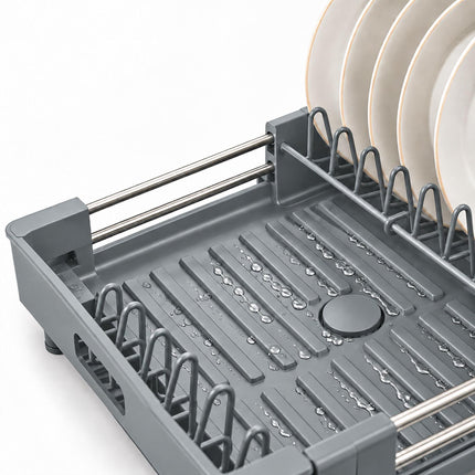 Extendable Dish Drainer with Glass Holder and Cutlery Basket, Grey, 37 to 52 cm