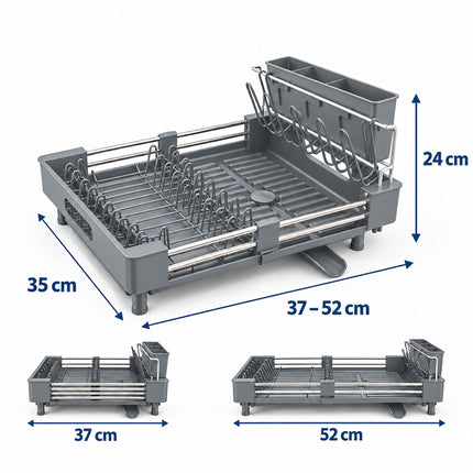 Extendable Dish Drainer with Glass Holder and Cutlery Basket, Grey, 37 to 52 cm