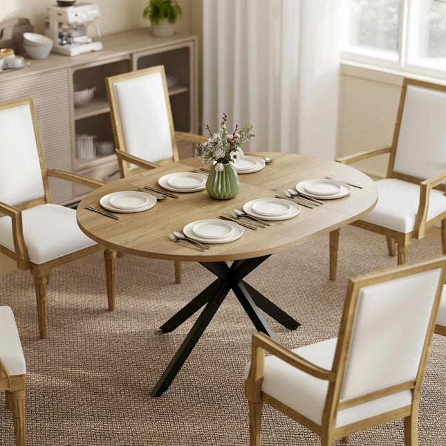 Masă rotundă extensibilă pentru 4-6 persoane, 100-135 cm, finisaj lemn