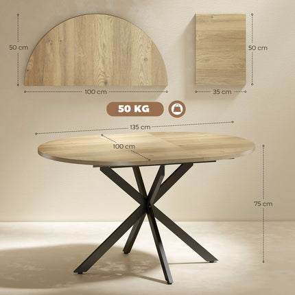 Masă rotundă extensibilă pentru 4-6 persoane, 100-135 cm, finisaj lemn