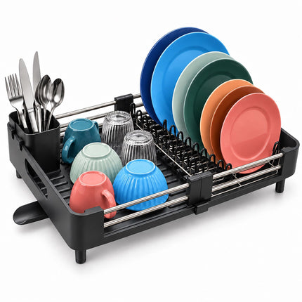 Extendable Stainless Steel Dish Rack 32 to 48 cm, Black, Drip Tray