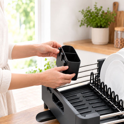 Extendable Stainless Steel Dish Rack 32 to 48 cm, Black, Drip Tray