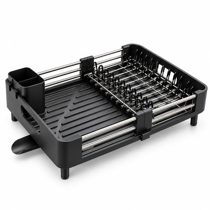 Extendable Stainless Steel Dish Rack 32 to 48 cm, Black, Drip Tray