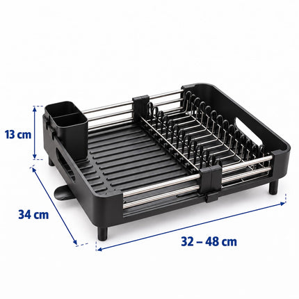 Extendable Stainless Steel Dish Rack 32 to 48 cm, Black, Drip Tray