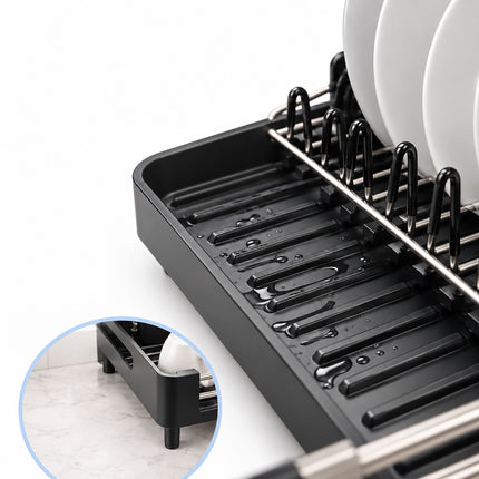 Extendable Stainless Steel Dish Rack 32 to 48 cm, Black, Drip Tray