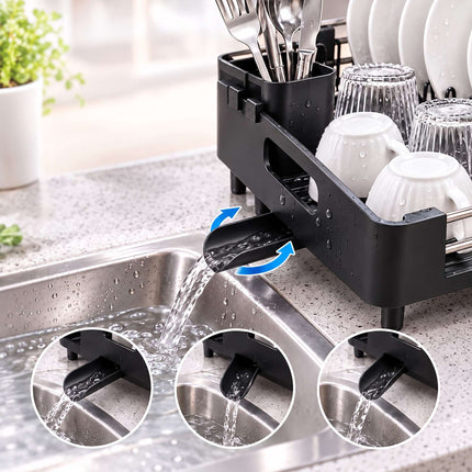 Extendable Stainless Steel Dish Rack 32 to 48 cm, Black, Drip Tray