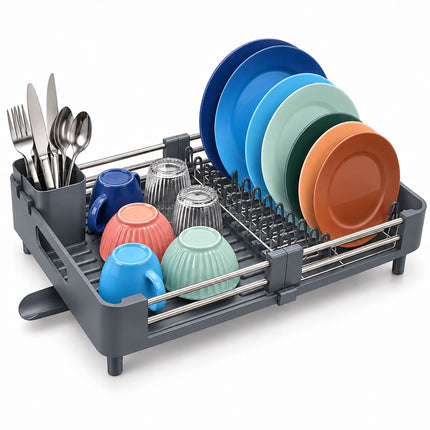 Extendable Stainless Steel Dish Rack 32 to 48 cm, Grey, Drip Tray