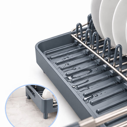 Extendable Stainless Steel Dish Rack 32 to 48 cm, Grey, Drip Tray