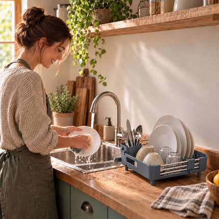 Extendable Stainless Steel Dish Rack 32 to 48 cm, Grey, Drip Tray