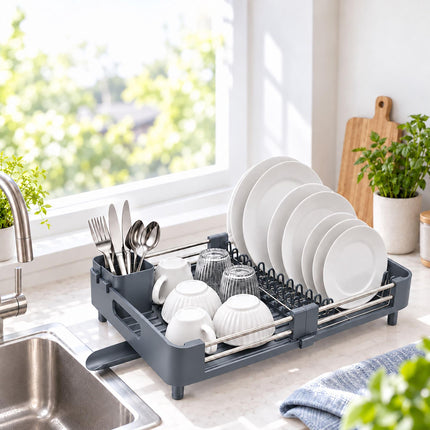 Extendable Stainless Steel Dish Rack 32 to 48 cm, Grey, Drip Tray