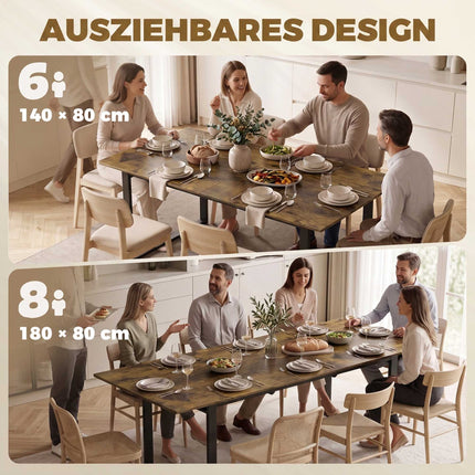 Extending Dining Table 140-180 cm for 6-8 People, Tiger Wood Look, Steel Frame