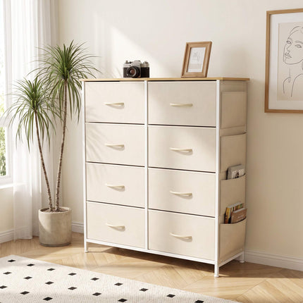 Fabric Chest of Drawers with 8 Drawers, Steel Frame, 4 Side Pockets, Beige