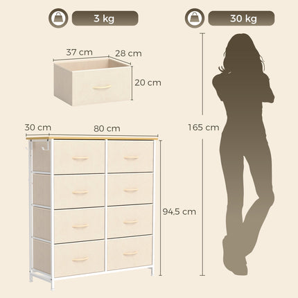 Fabric Chest of Drawers with 8 Drawers, Steel Frame, 4 Side Pockets, Beige
