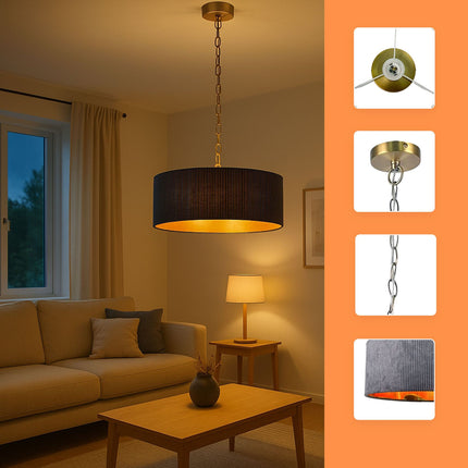 Lampă suspendată cu abajur din material textil, design canelat, interior din bronz