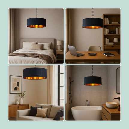 Lampă suspendată cu abajur din material textil, design canelat, interior din bronz