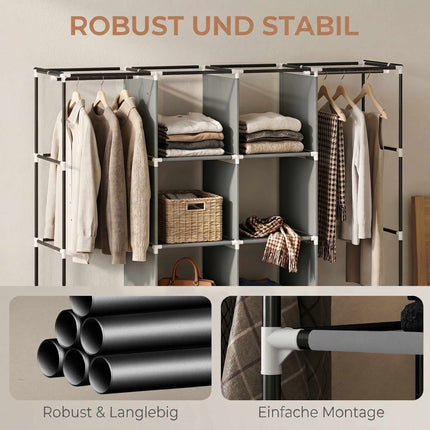 Dulap din material textil cu 2 tije de agățare, 10 rafturi, gri