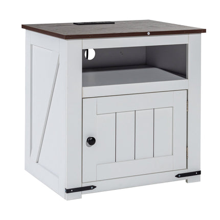 Farmhouse End Table With USB, Outlets, 3-Tier Cabinet