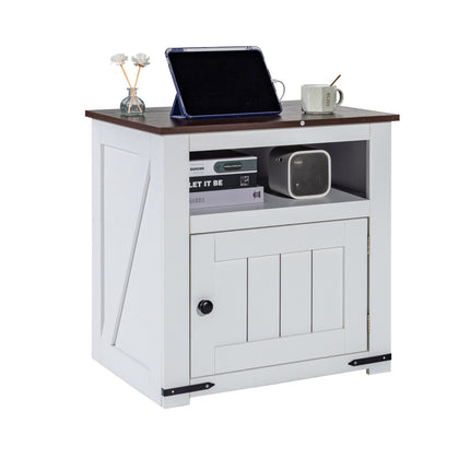Farmhouse End Table With USB, Outlets, 3-Tier Cabinet