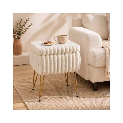 Faux Fur Ottoman 2-in-1 with Hidden Storage and Metal Legs, Beige & Gold