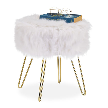 Faux Fur Stool in White-Gold