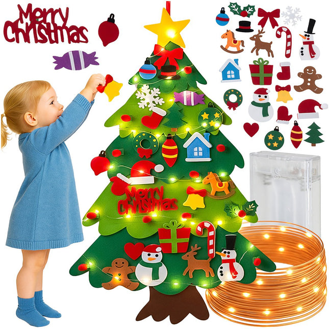 Brad de Crăciun din fetru cu lumini LED, 26 ornamente cu velcro