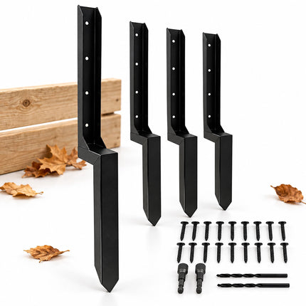 Fence Post Repair Kit with Ground Spike Anchors, 4-Piece Set, Black