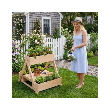Fir Wood Planter Stand with 3 Boxes and Open Shelf, 75 kg Capacity, Natural