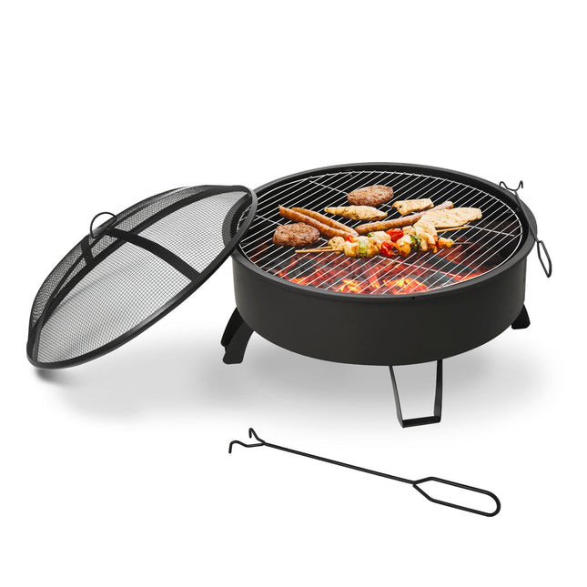 Fire Pit & BBQ Grill with spark guard, black Ø76 cm