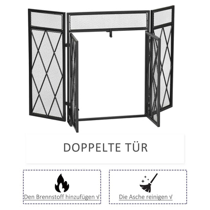 Paravan pentru șemineu, pliabil cu 3 panouri, metal negru, 120x79 cm
