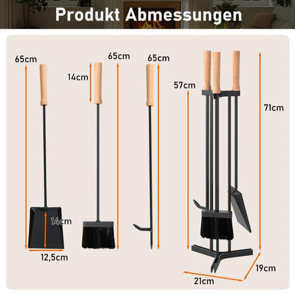 Set de scule pentru șemineu, kit metalic cu 4 piese și suport