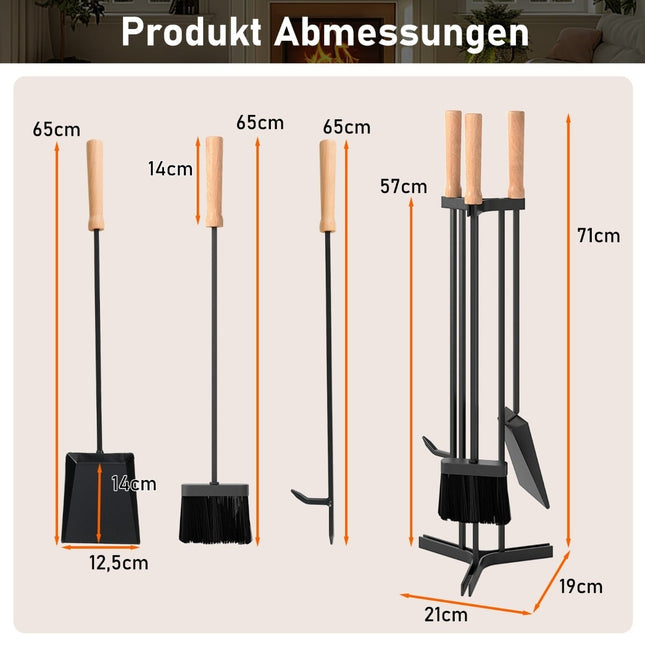 Set de scule pentru șemineu, kit metalic cu 4 piese și suport