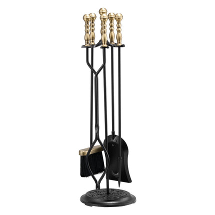 Fireplace Tool Set, 5-Piece Wrought Iron Stand, Black, Brass
