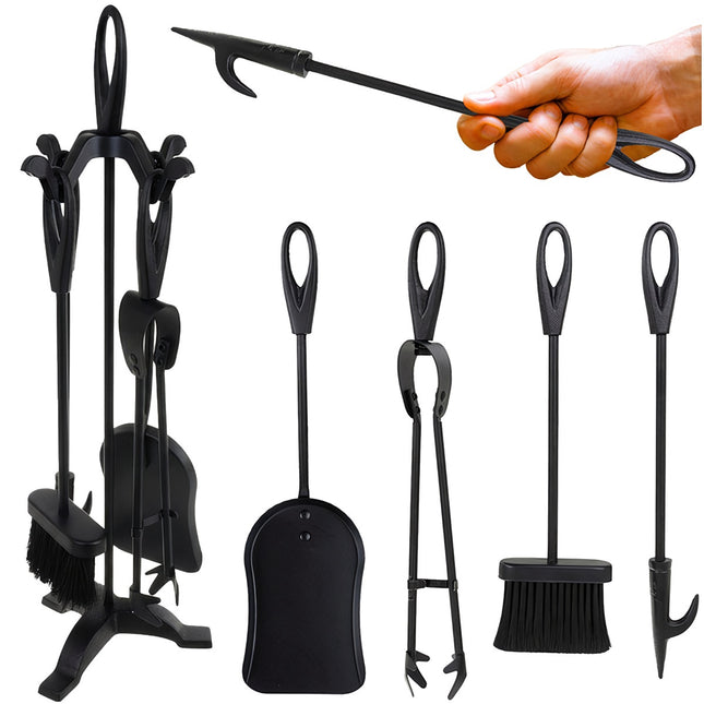 Set de scule pentru șemineu cu suport – oțel inoxidabil, 5 piese