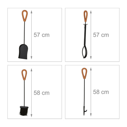 Set de instrumente pentru șemineu cu suport metalic și mânere din piele