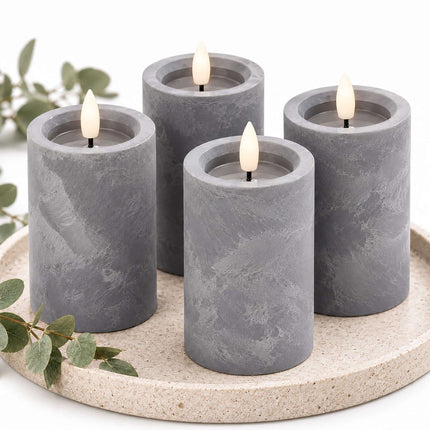 Flameless LED Pillar Candles, Set of 4 with Timer – Concrete Look, Grey