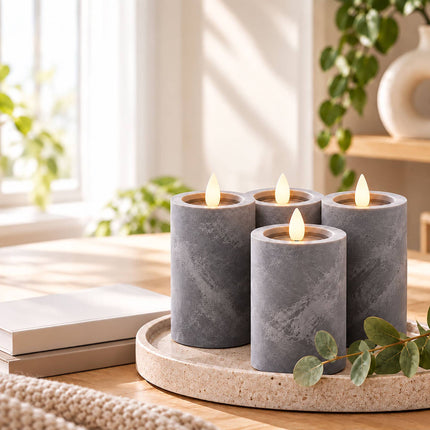 Flameless LED Pillar Candles, Set of 4 with Timer – Concrete Look, Grey