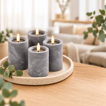 Flameless LED Pillar Candles, Set of 4 with Timer – Concrete Look, Grey