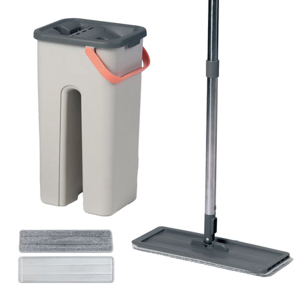 Set mop plat cu găleată cu 2 compartimente, lavete din microfibră