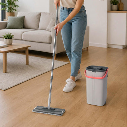 Set mop plat cu găleată cu 2 compartimente, lavete din microfibră