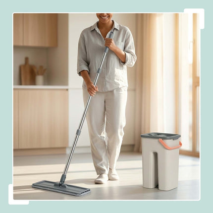 Set mop plat cu găleată cu 2 compartimente, lavete din microfibră