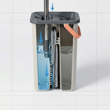 Set mop plat cu găleată cu 2 compartimente, lavete din microfibră