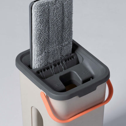 Set mop plat cu găleată cu 2 compartimente, lavete din microfibră