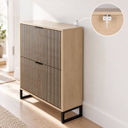 Flip-Down Shoe Cabinet with 2 Compartments, Striped Front, Natural, Black