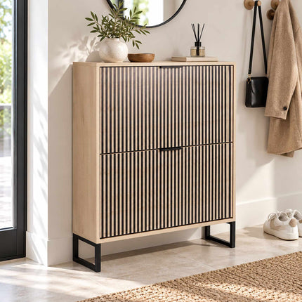 Flip-Down Shoe Cabinet with 2 Compartments, Striped Front, Natural, Black