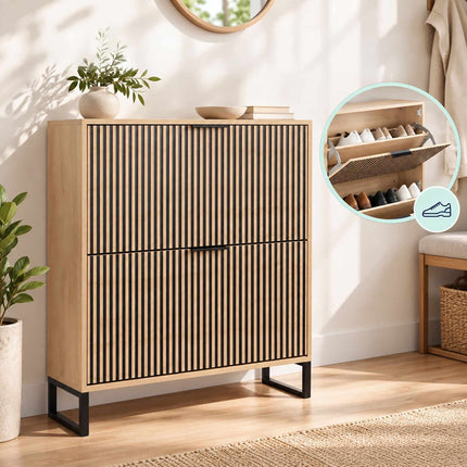 Flip-Down Shoe Cabinet with 2 Compartments, Striped Front, Natural, Black