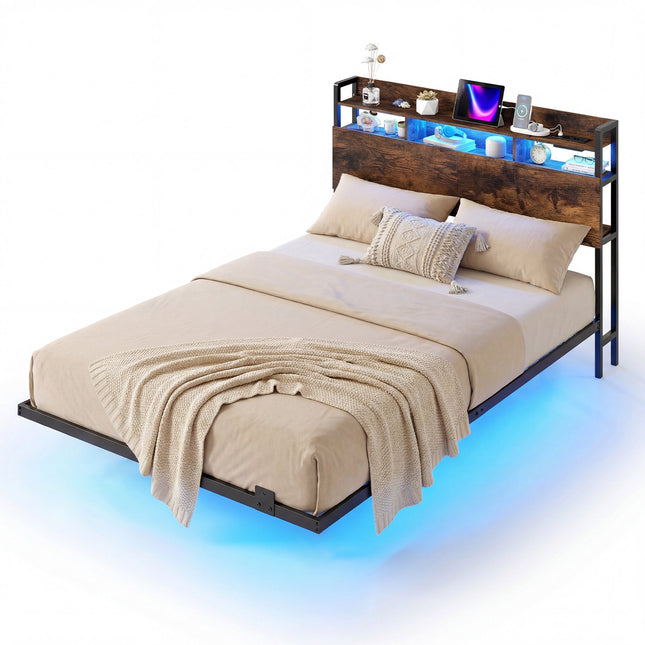 Cadru de pat plutitor cu lumini LED, tăblie cu spațiu de depozitare, porturi USB