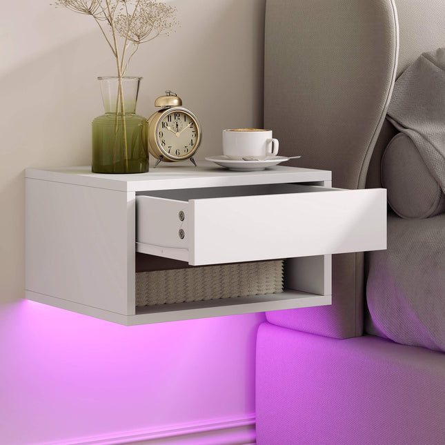 Set noptieră plutitoare cu LED RGB, sertar, alb