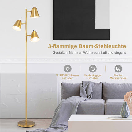 Lampă de podea cu 3 becuri LED E27 reglabile, auriu, 163 cm